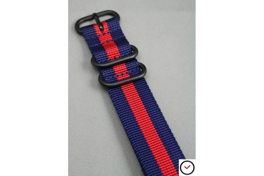 Bracelet nylon NATO ZULU Bleu Navy Rouge, boucle PVD (noire)