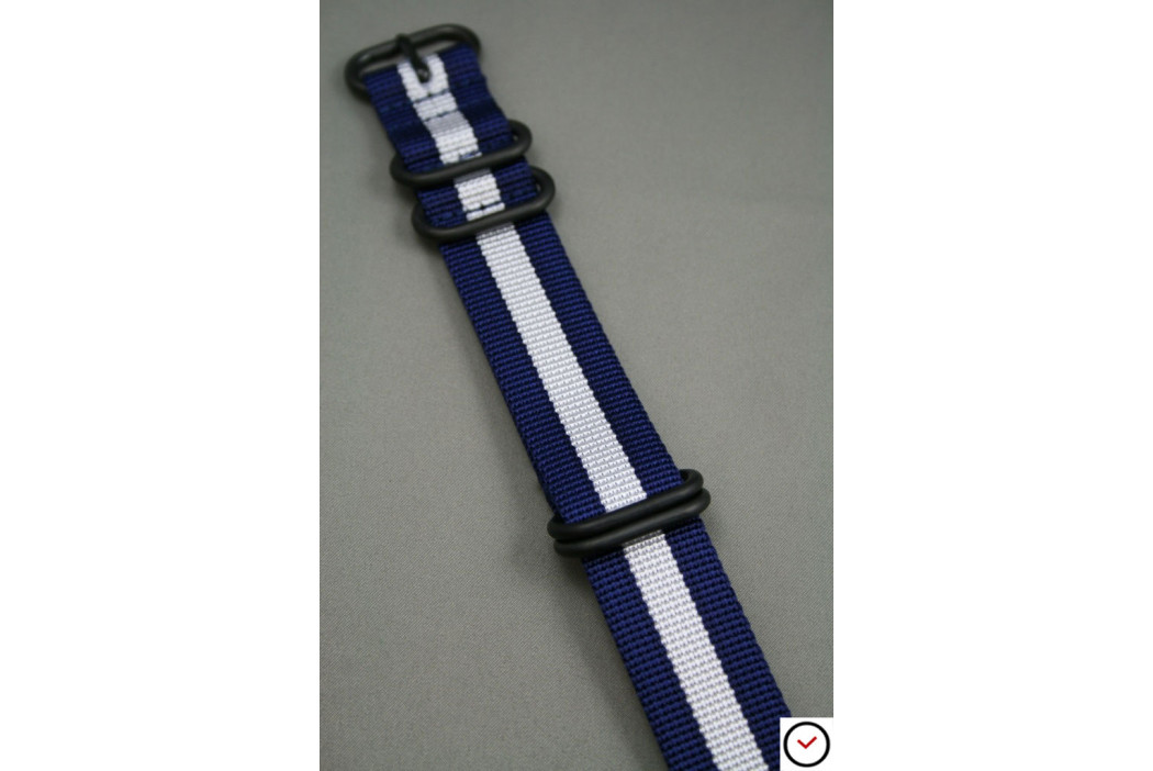 Bracelet nylon NATO ZULU Bleu Navy Blanc, boucle PVD (noire)