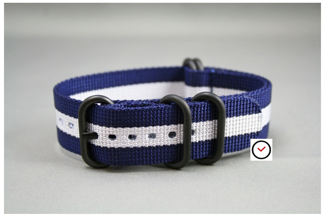 Navy Blue White NATO ZULU strap, PVD buckle and loops (black)