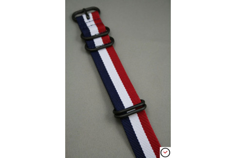 Bracelet nylon NATO ZULU Tricolore Bleu Blanc Rouge, boucle PVD (noire)