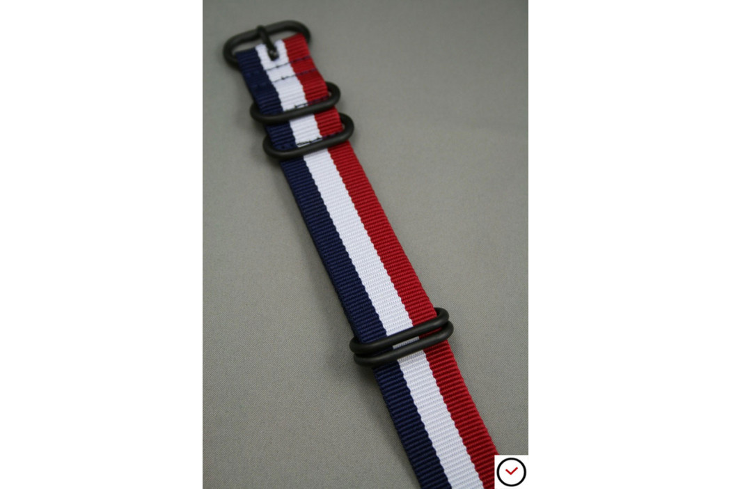 Blue White Red (French flag) NATO ZULU strap, PVD buckle and loops (black)