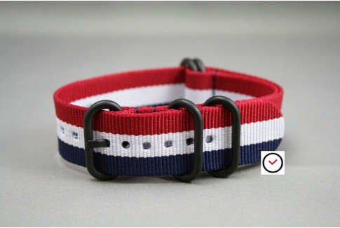 Blue White Red (French flag) NATO ZULU strap, PVD buckle and loops (black)
