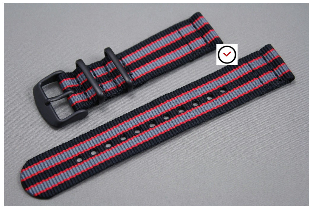 Black Grey Red James Bond 2 pieces NATO strap, PVD buckle and loops (black)
