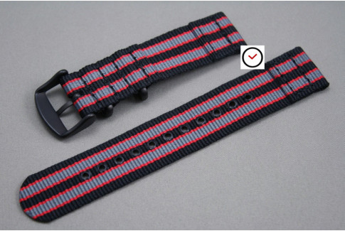 Bracelet montre NATO 2 pièces Bond Noir Gris Rouge, boucle PVD (noire)