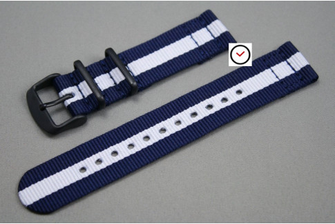 Bracelet montre NATO 2 pièces Bleu Navy Blanc, boucle PVD (noire)