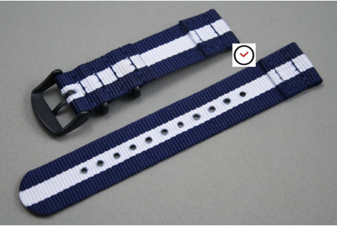 Bracelet montre NATO 2 pièces Bleu Navy Blanc, boucle PVD (noire)