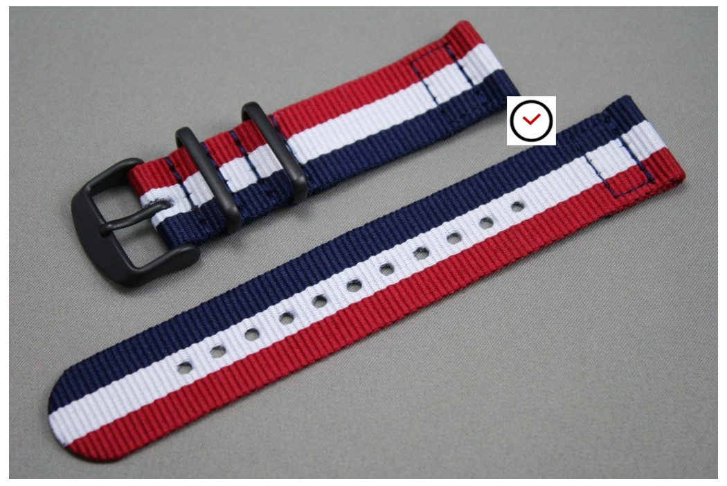 Bracelet montre NATO 2 pièces Tricolore Bleu Blanc Rouge, boucle PVD (noire)