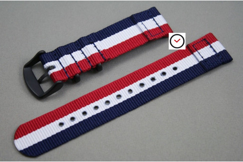 Blue White Red (French flag) 2 pieces NATO strap, PVD buckle and loops (black)