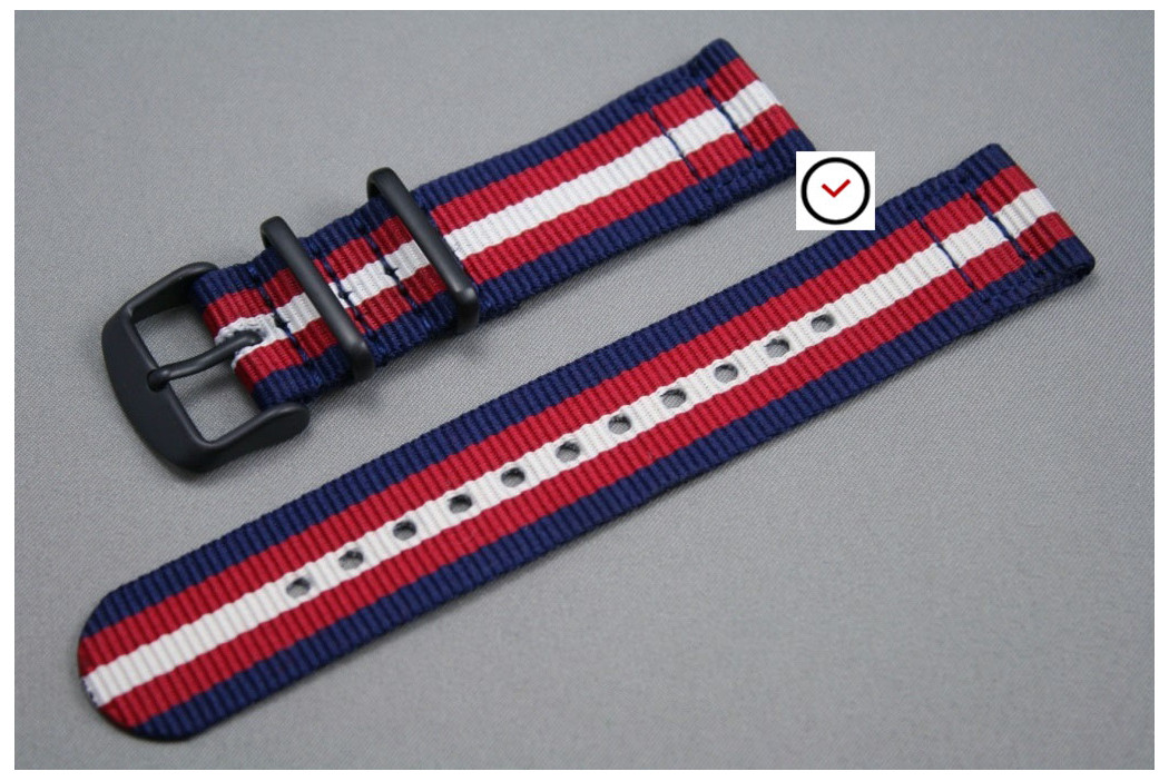 Bracelet montre NATO 2 pièces Bleu Navy Rouge Blanc écru, boucle PVD (noire)