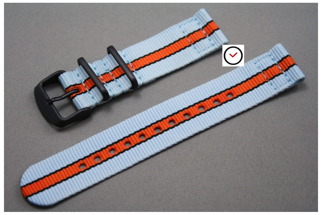 Gulf / Le Mans 2 pieces NATO watch strap (Blue Orange Black), PVD buckle and loops (black)