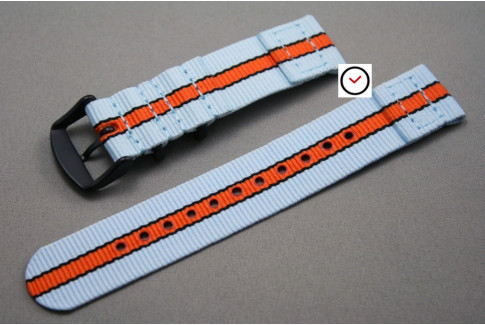 Bracelet montre NATO 2 pièces Gulf / Le Mans (Bleu Ciel Orange Noir), boucle PVD (noire)