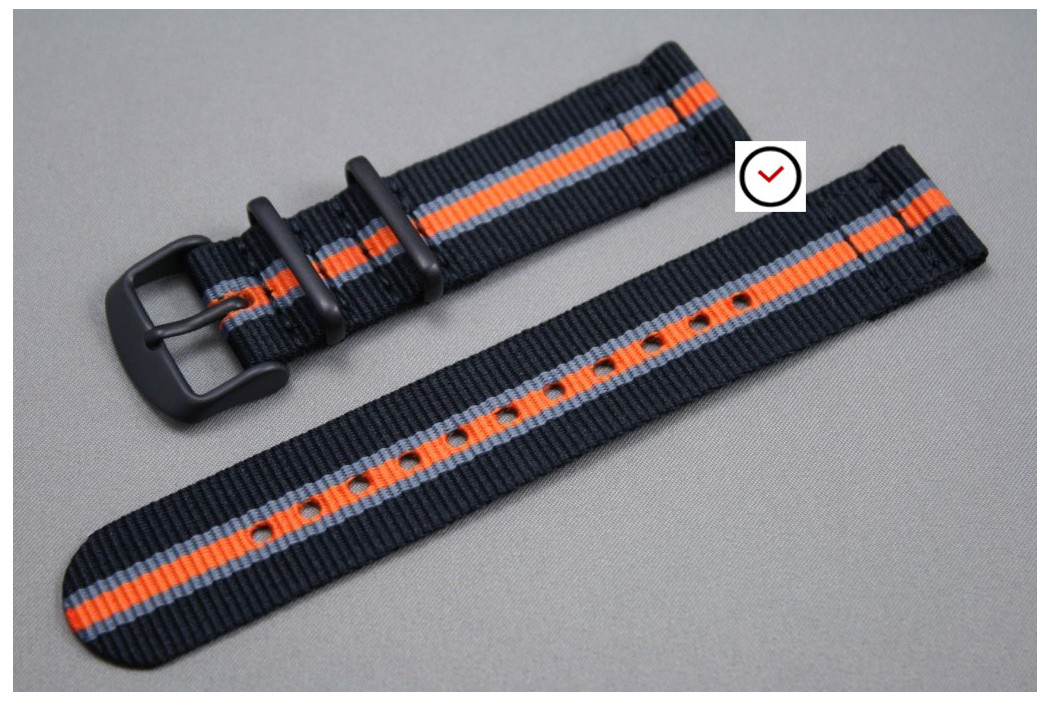 Bracelet montre NATO 2 pièces Héritage Noir Gris Orange, boucle PVD (noire)