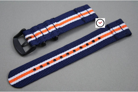 Bracelet montre NATO 2 pièces Héritage Bleu Navy Blanc Orange, boucle PVD (noire)