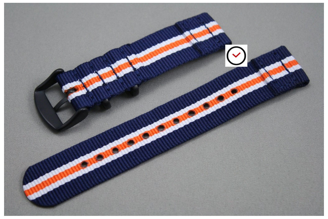 Bracelet montre NATO 2 pièces Héritage Bleu Navy Blanc Orange, boucle PVD (noire)