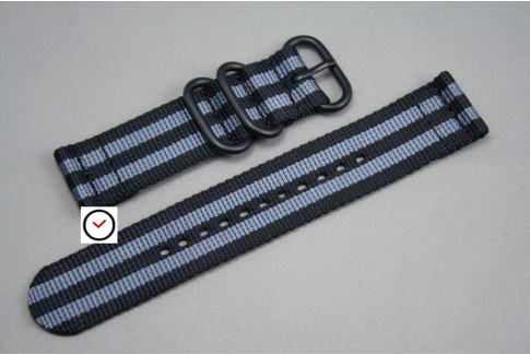 Craig Bond 2 pieces ZULU strap, Black Grey, PVD buckle and loops (black)
