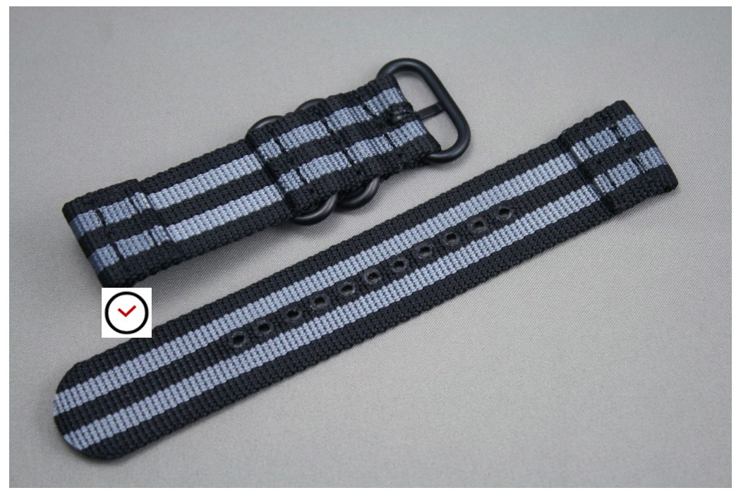 Craig Bond 2 pieces ZULU strap, Black Grey, PVD buckle and loops (black)