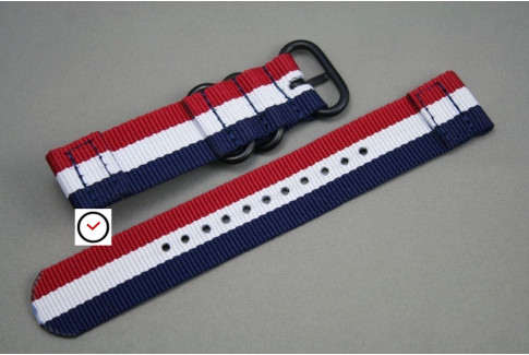 Blue White Red (French flag) 2 pieces ZULU strap, PVD buckle and loops (black)