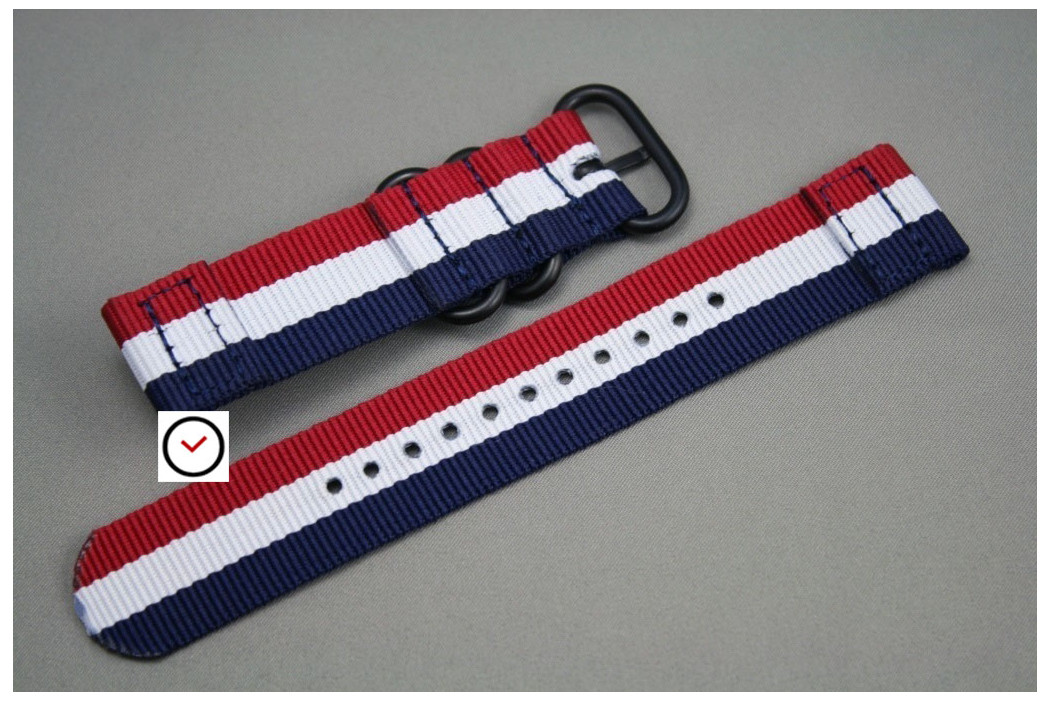 Bracelet montre ZULU 2 pièces Tricolore Bleu Blanc Rouge, boucle PVD (noire)