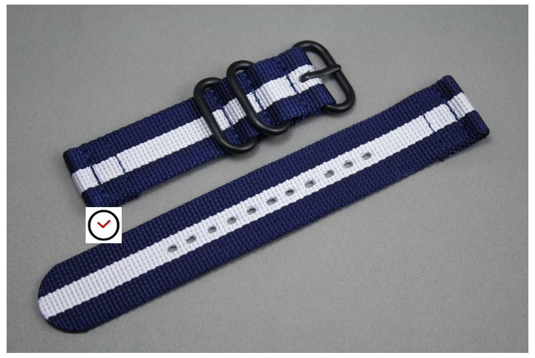 Bracelet montre ZULU 2 pièces Bleu Navy Blanc, boucle PVD (noire)