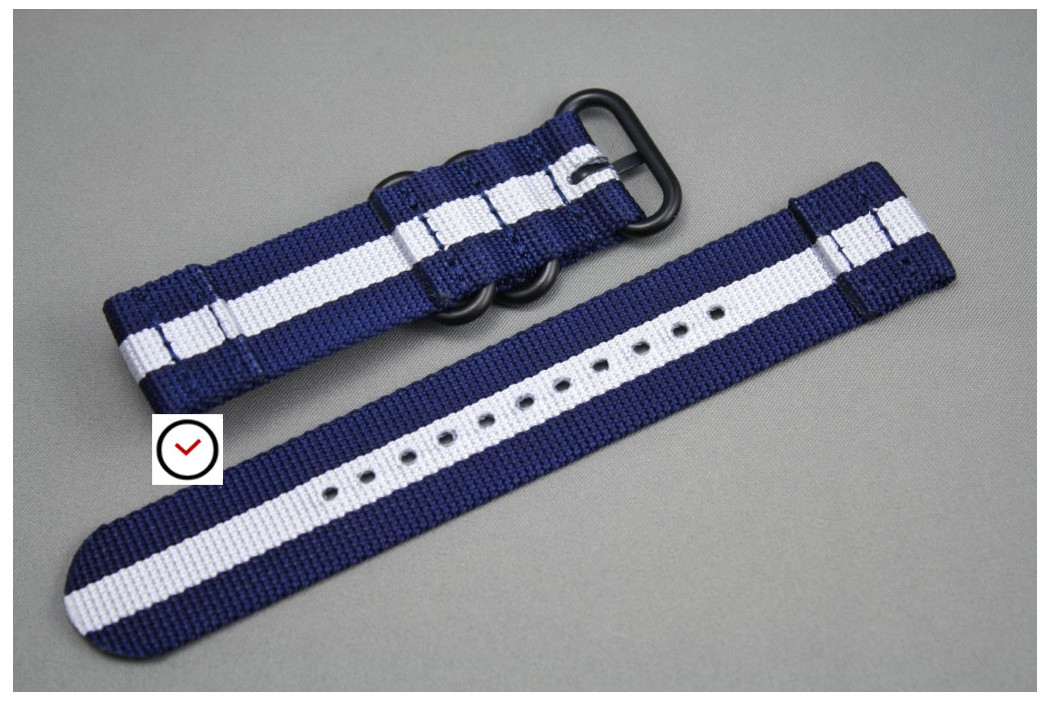 Bracelet montre ZULU 2 pièces Bleu Navy Blanc, boucle PVD (noire)