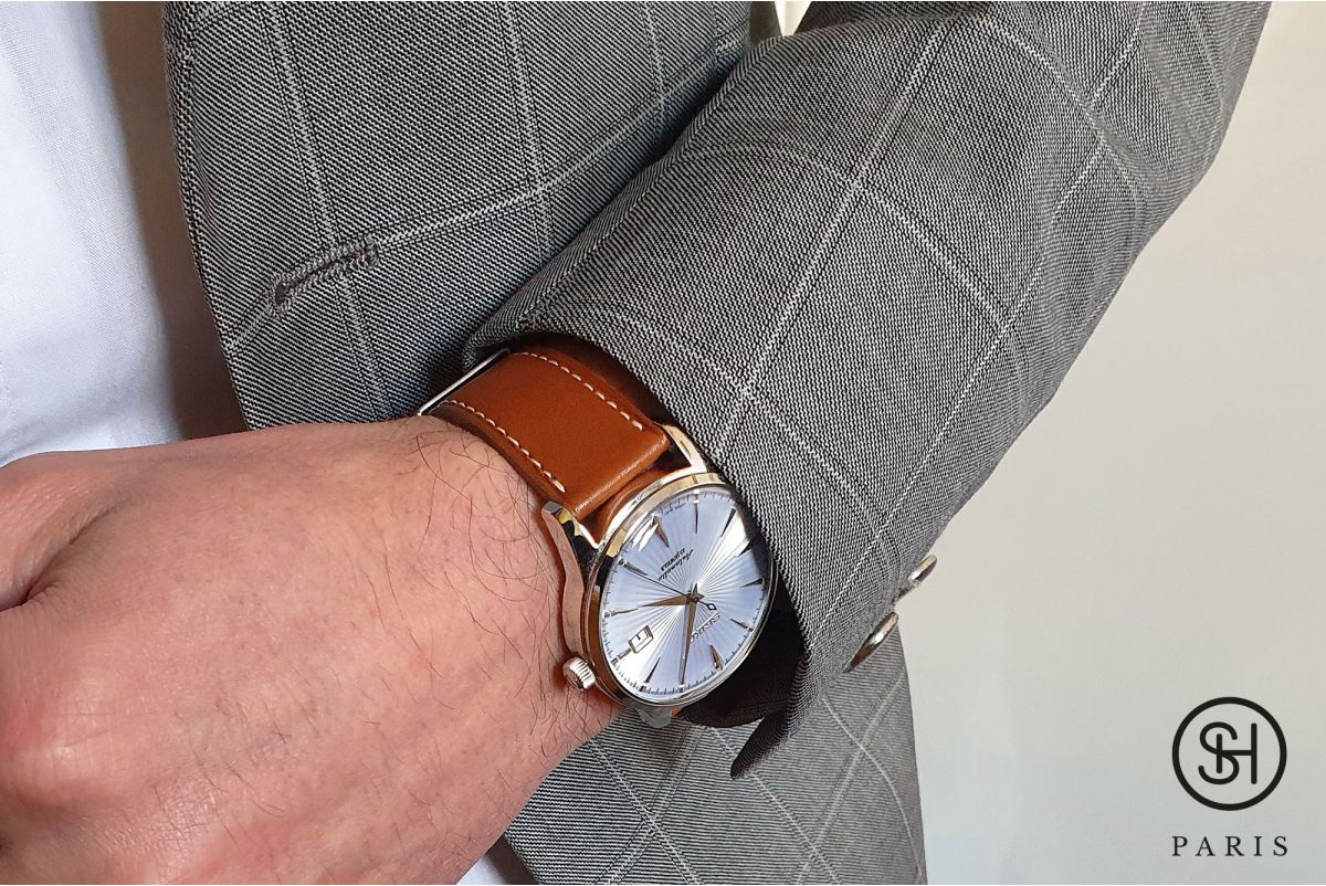 Gold Calfskin SELECT-HEURE watch strap, Classic model off-white stitching, French baranil leather
