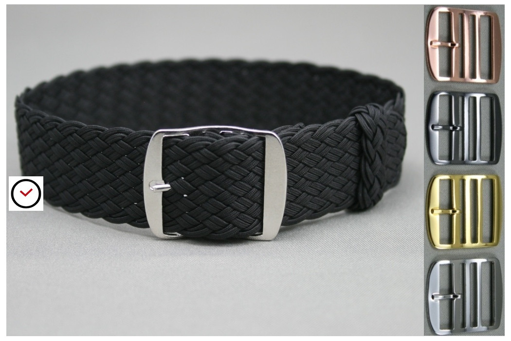 Black braided Perlon watch strap, double yarn weaving