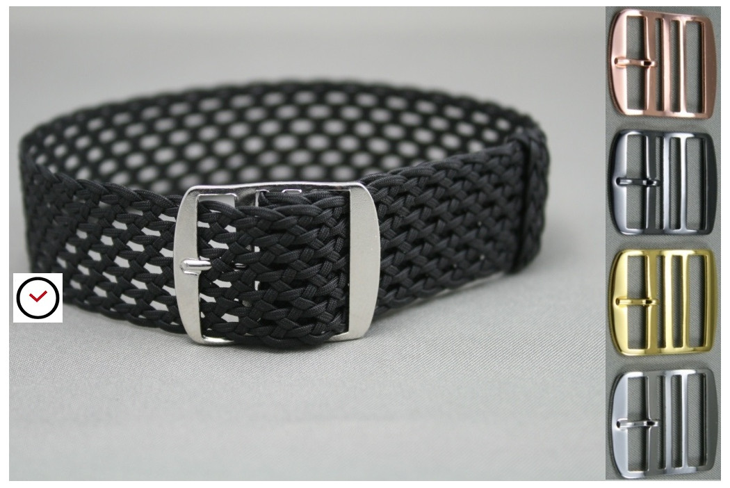 Black braided Perlon watch strap, aerated weaving