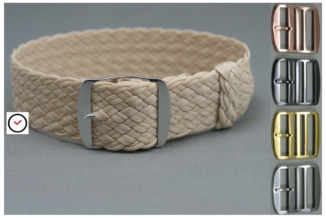 Beige braided Perlon watch strap, double yarn weaving