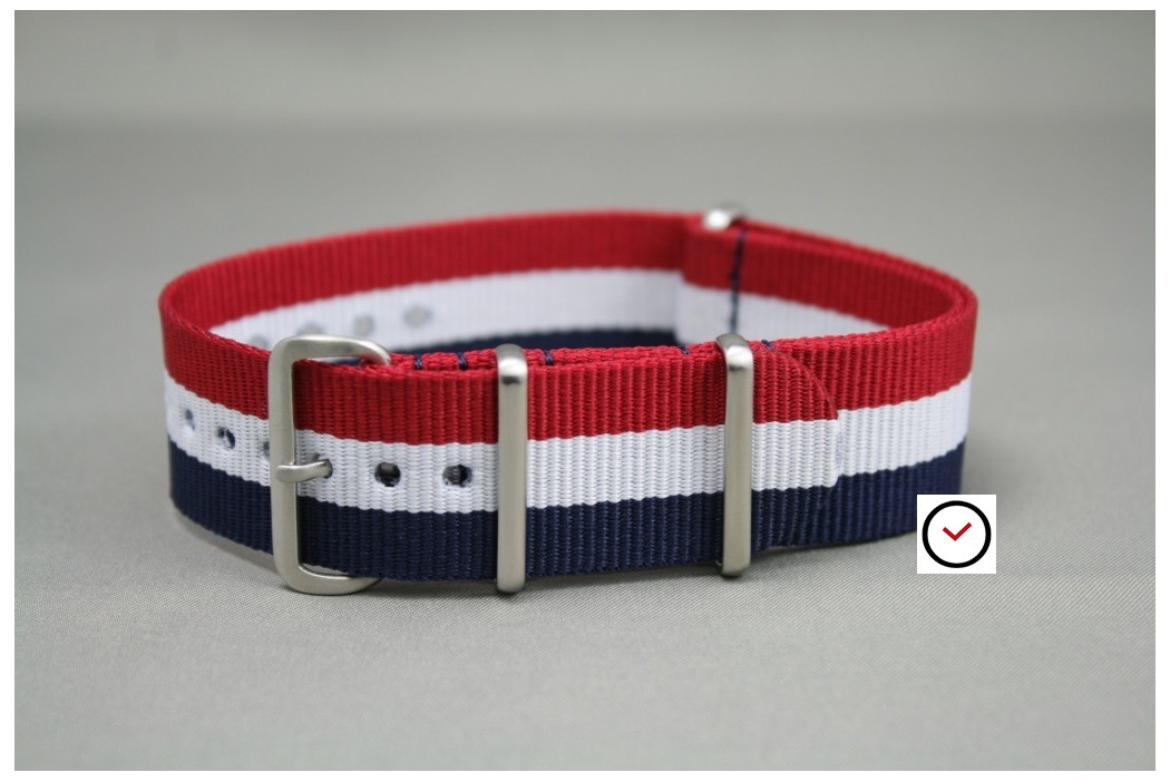 Navy Blue Red G10 NATO strap, brushed buckle and loops