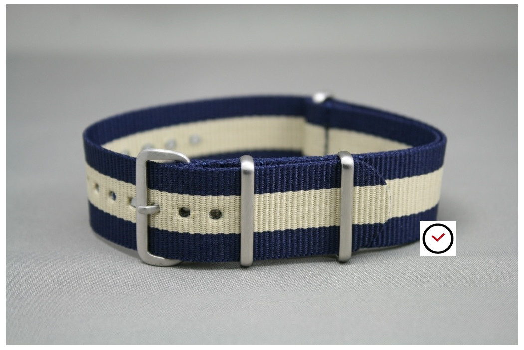 Navy Blue White G10 NATO strap, brushed buckle and loops