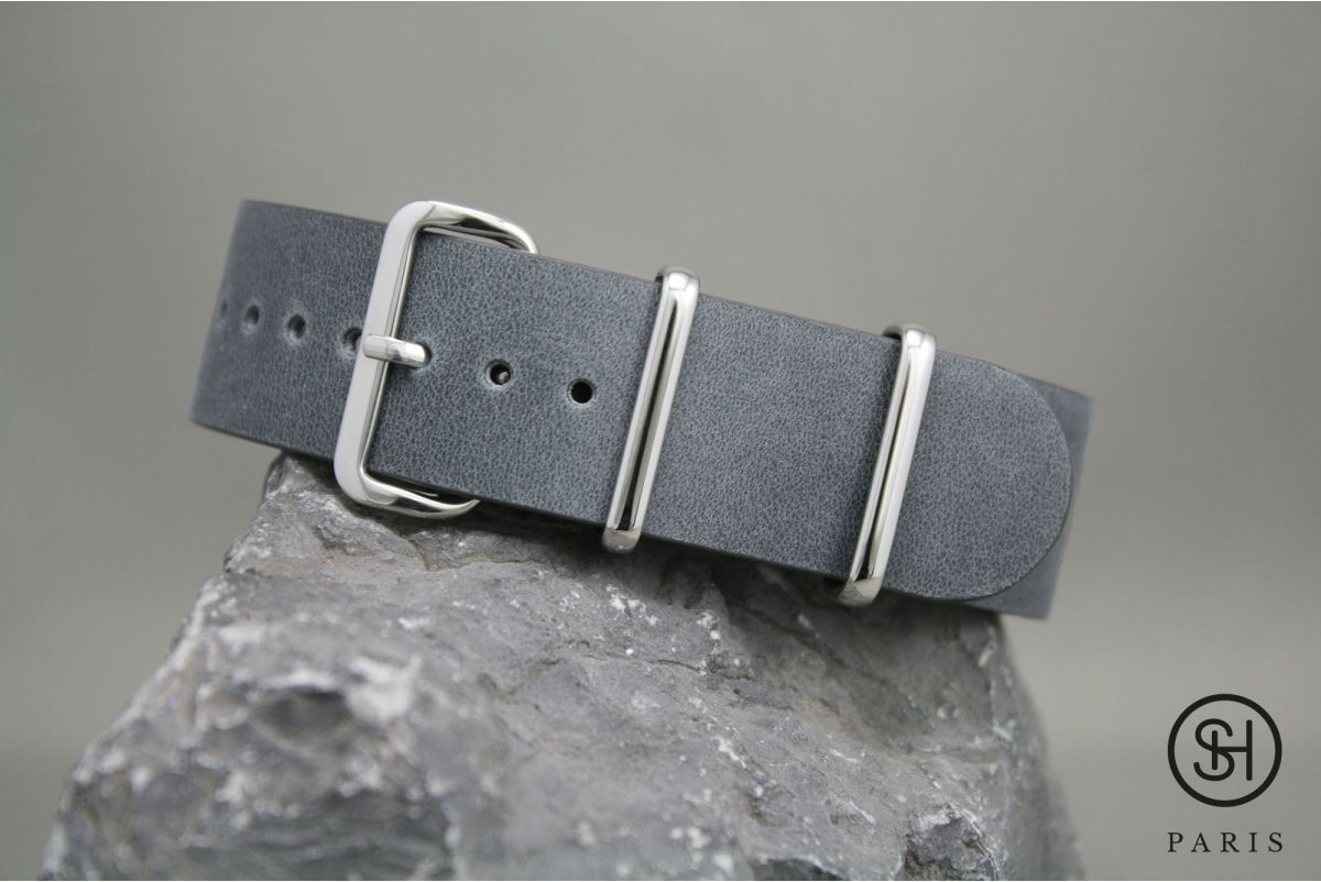 Bracelet montre NATO cuir SELECT-HEURE Gris, boucle acier inox poli