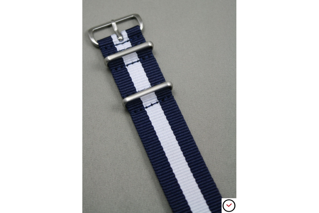Bracelet nylon NATO Bleu Navy Blanc, boucle brossée