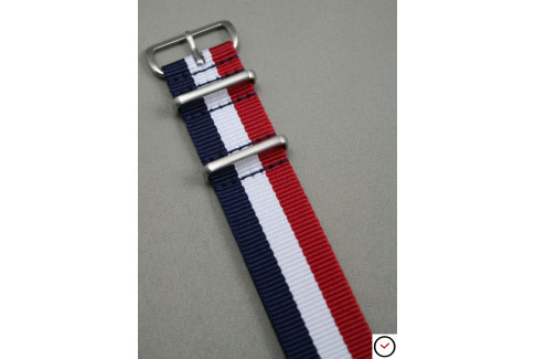 Bracelet nylon NATO Tricolore Bleu Blanc Rouge, boucle brossée