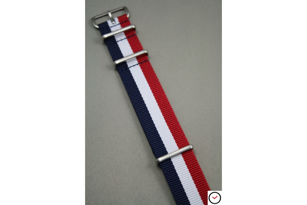 Navy Blue White Red G10 NATO strap, brushed buckle and loops