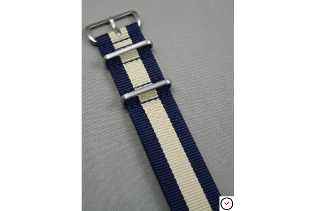 Navy Blue Sandy Beige G10 NATO strap, brushed buckle and loops