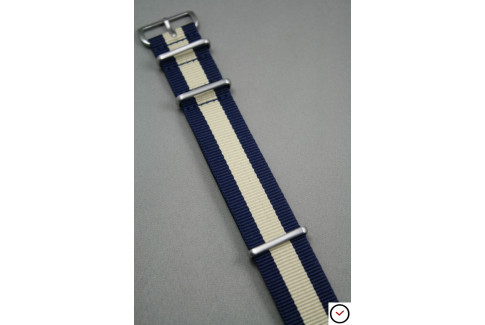 Bracelet nylon NATO Bleu Navy Beige Sable, boucle brossée