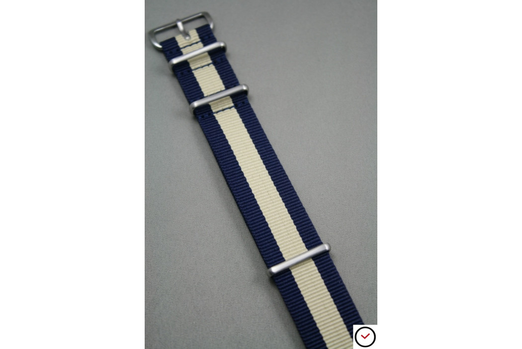 Bracelet nylon NATO Bleu Navy Beige Sable, boucle brossée