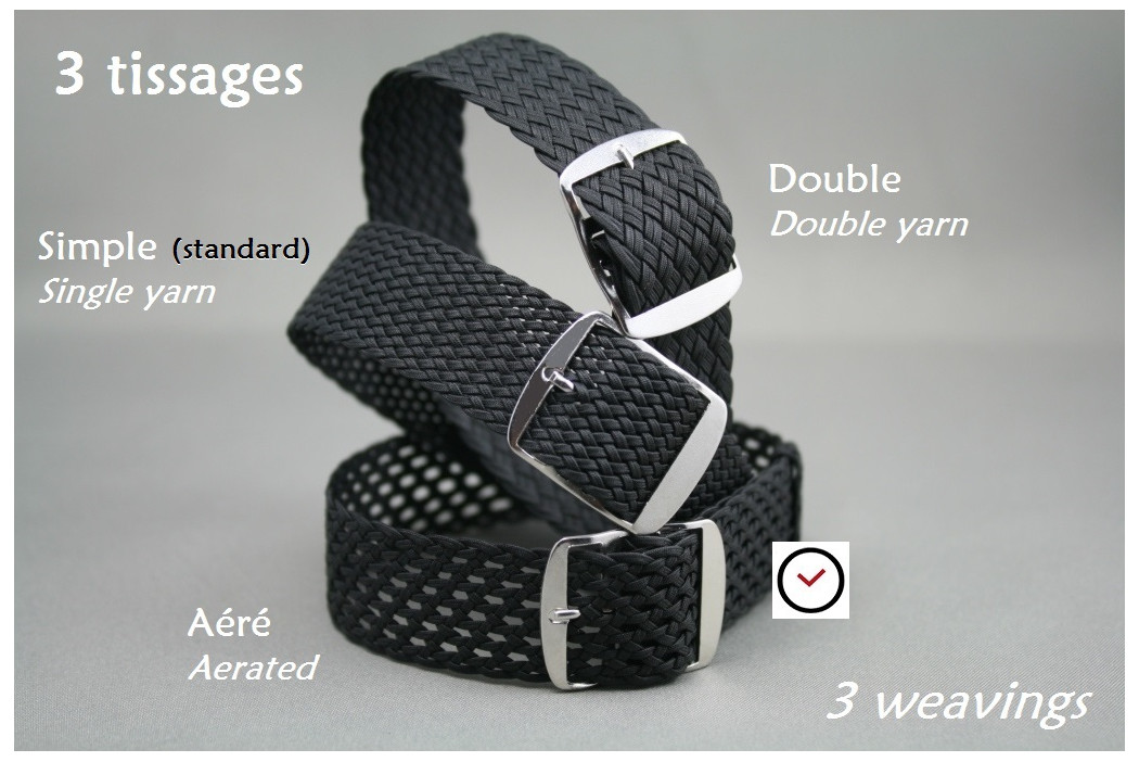 Black braided Perlon watch strap, double yarn weaving