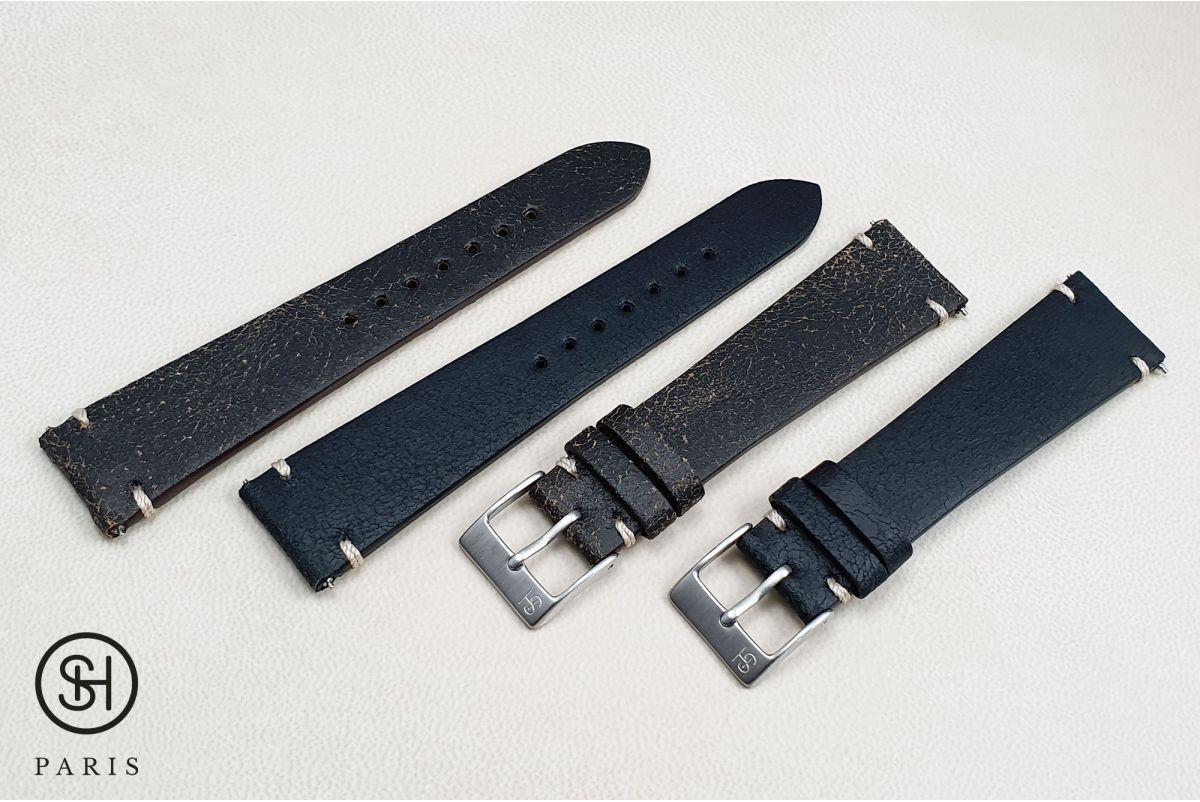 Black Old School SELECT-HEURE leather watch strap with quick release spring bars (interchangeable)