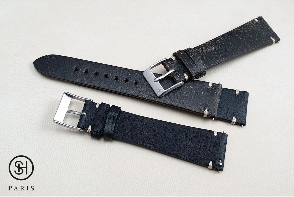 Black Old School SELECT-HEURE leather watch strap with quick release spring bars (interchangeable)