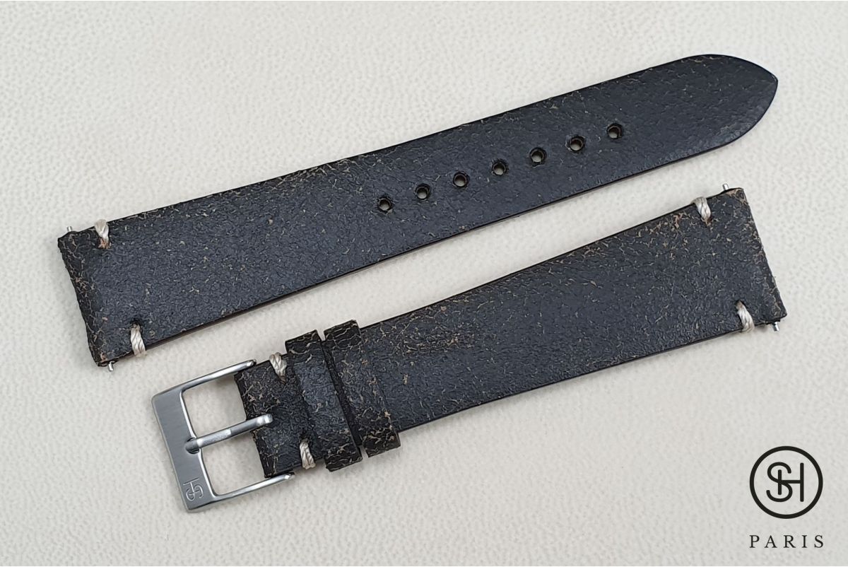 Bracelet montre cuir Old School SELECT-HEURE Noir/Marron avec pompes rapides (interchangeable)