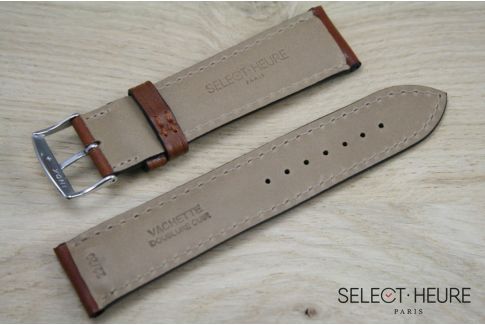 Bracelet montre cuir SELECT-HEURE bombé Marron Or, coutures ton sur ton