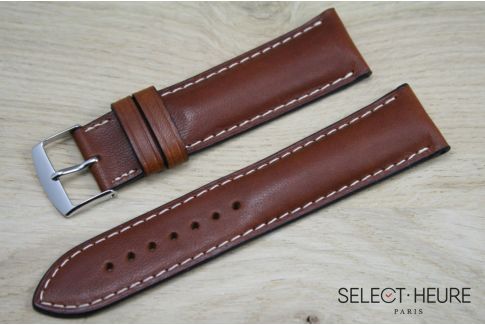 Gold Brown bulging SELECT-HEURE leather watch strap, ecru stitching