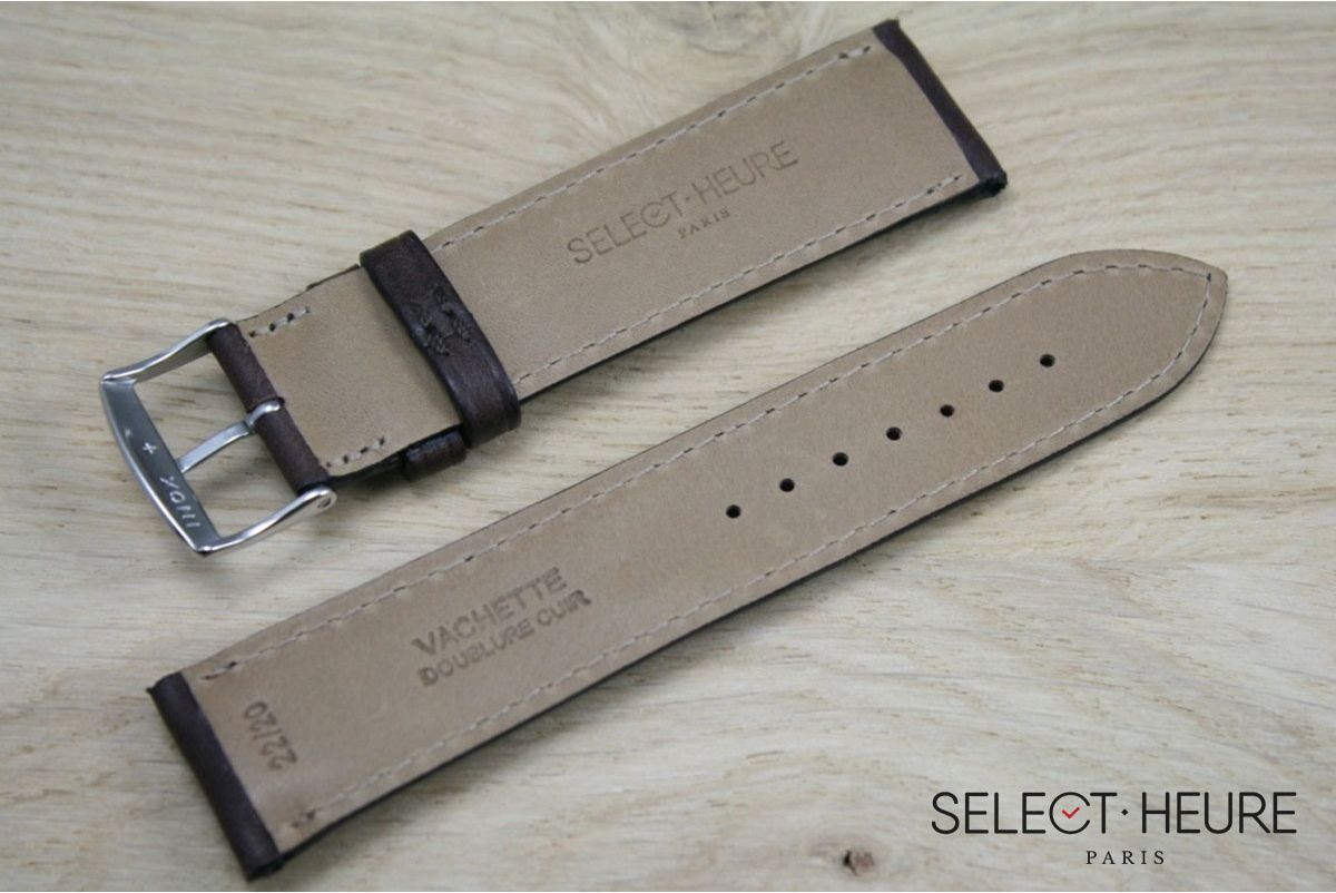 Bracelet montre cuir SELECT-HEURE bombé Marron foncé, coutures ton sur ton