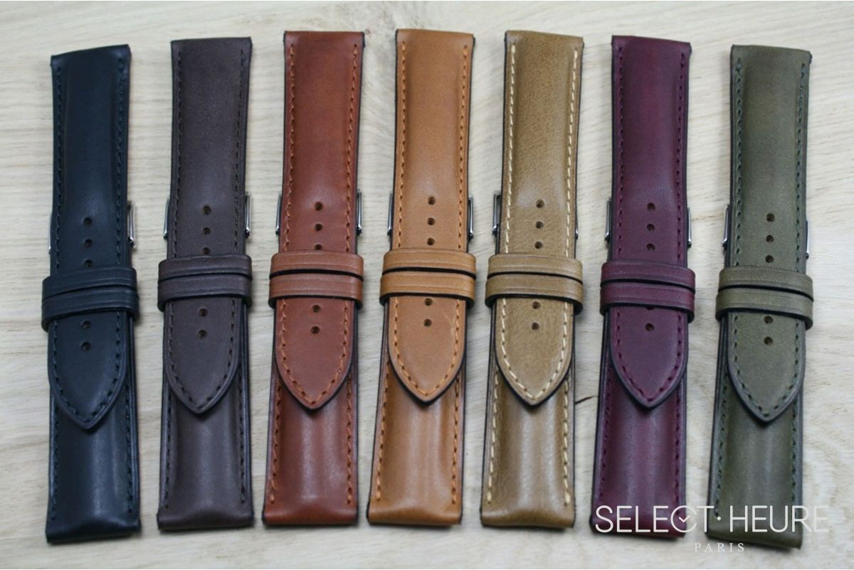 Dark Brown bulging SELECT-HEURE leather watch strap, tone on tone stitching