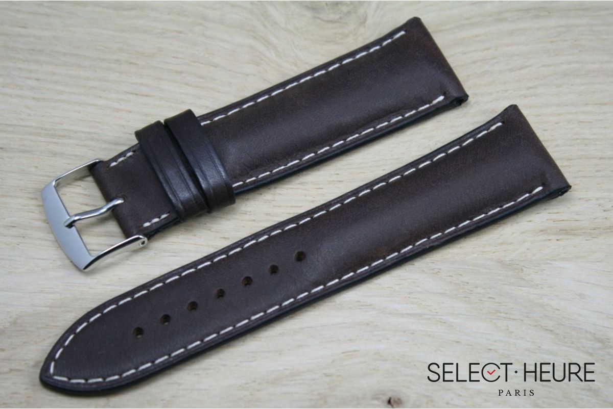 Dark Brown bulging SELECT-HEURE leather watch strap, ecru stitching