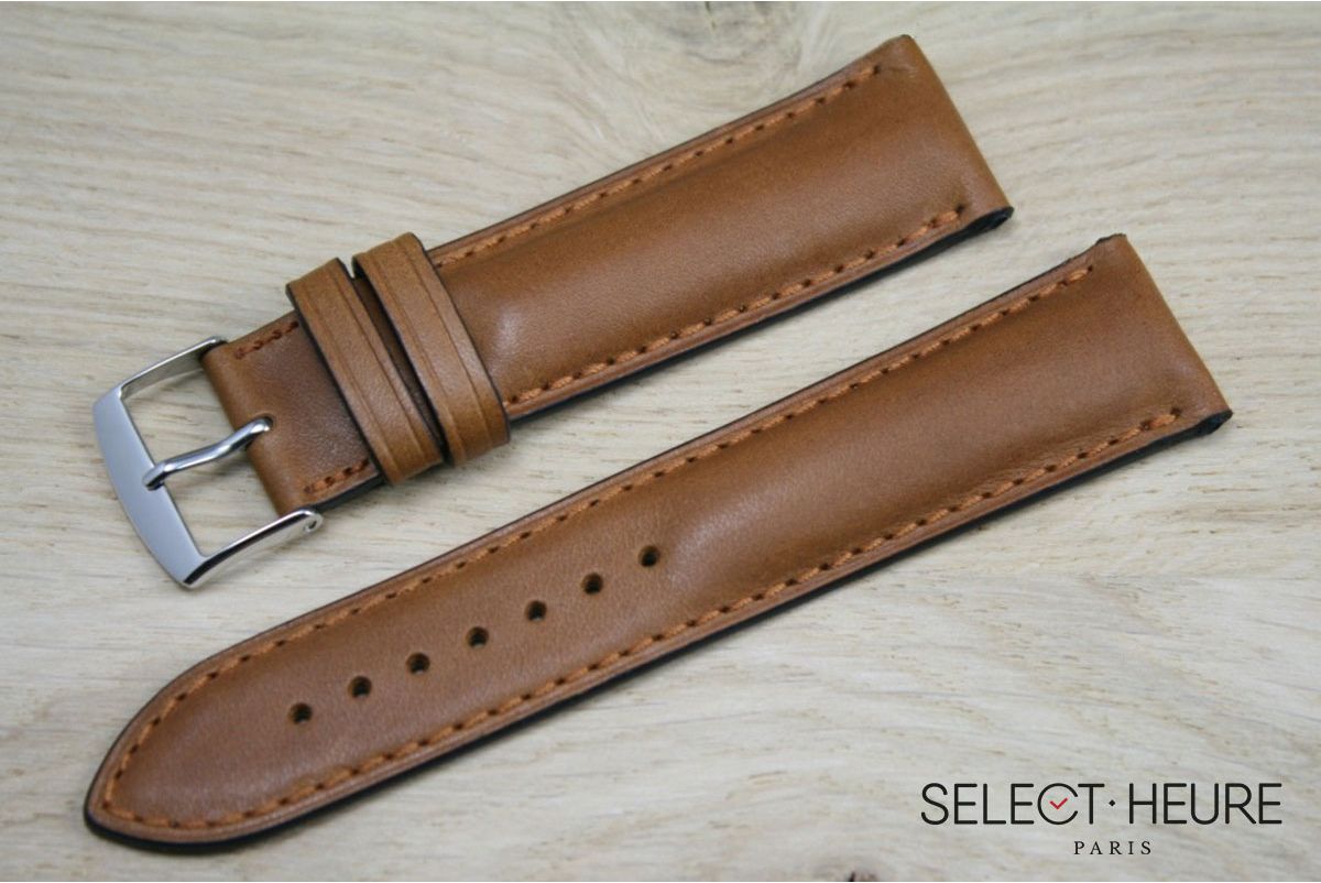 Cognac Brown bulging SELECT-HEURE leather watch strap, tone on tone stitching