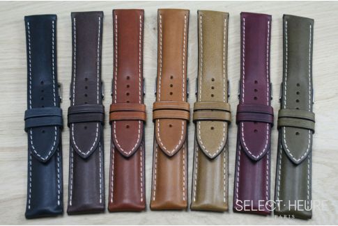 Cognac Brown bulging SELECT-HEURE leather watch strap, ecru stitching
