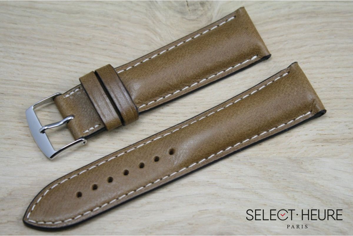 Honey Brown bulging SELECT-HEURE leather watch strap,ecru stitching