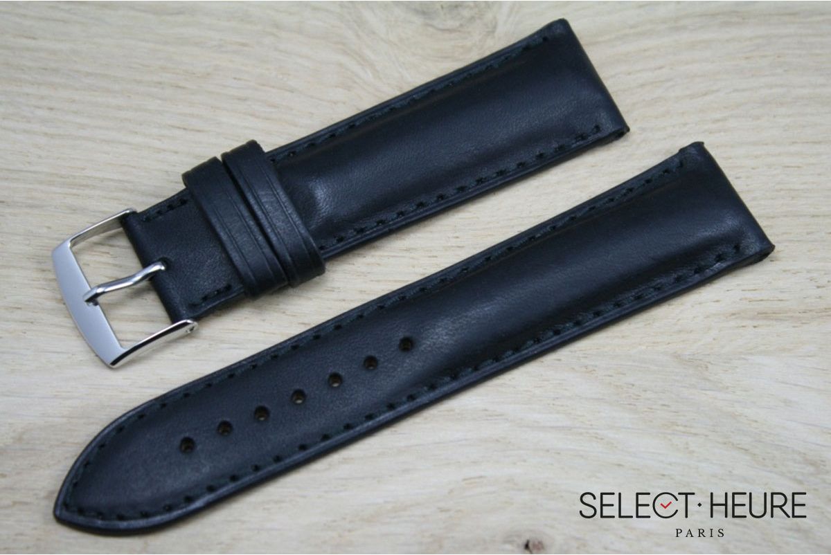 Black bulging SELECT-HEURE leather watch strap, tone on tone stitching